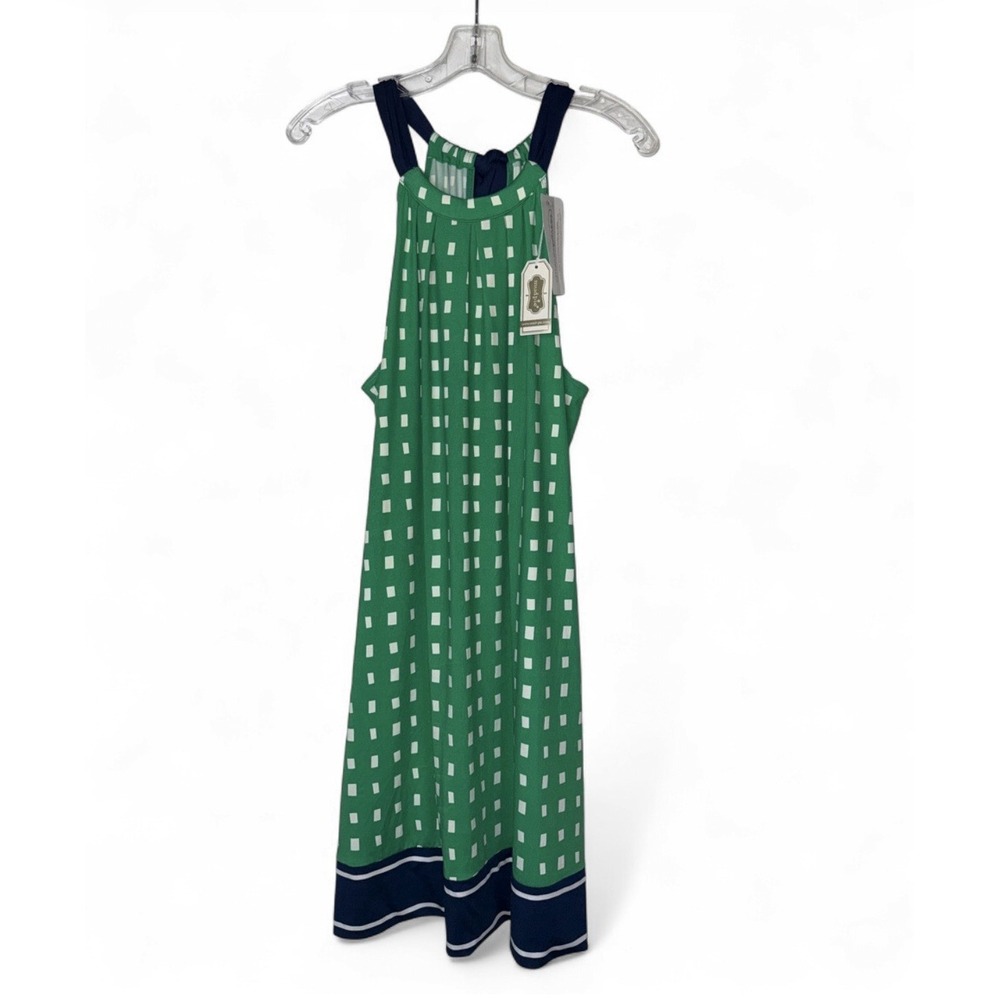 NWT Mud Pie Natalie Dress Womens Large Green Squares Navy Bow Back Preppy